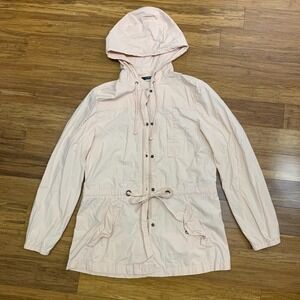 J. Crew Hooded Utility Jacket Womens Medium‎ Pink Cotton Drawstring Lightweight